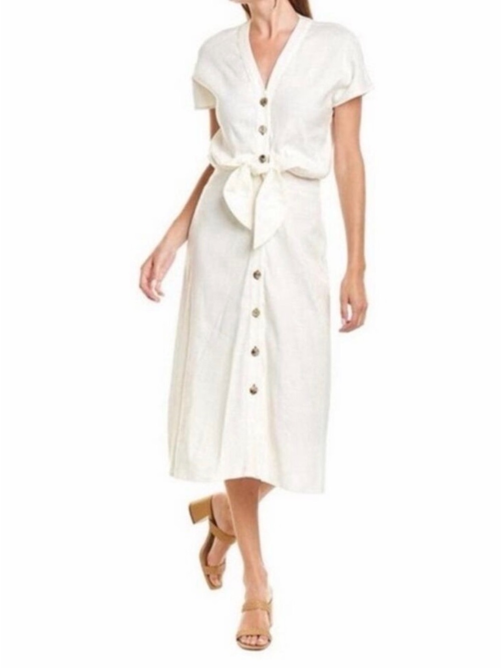Veronica Beard Cream Button-Front Tie-Waist Midi Dress